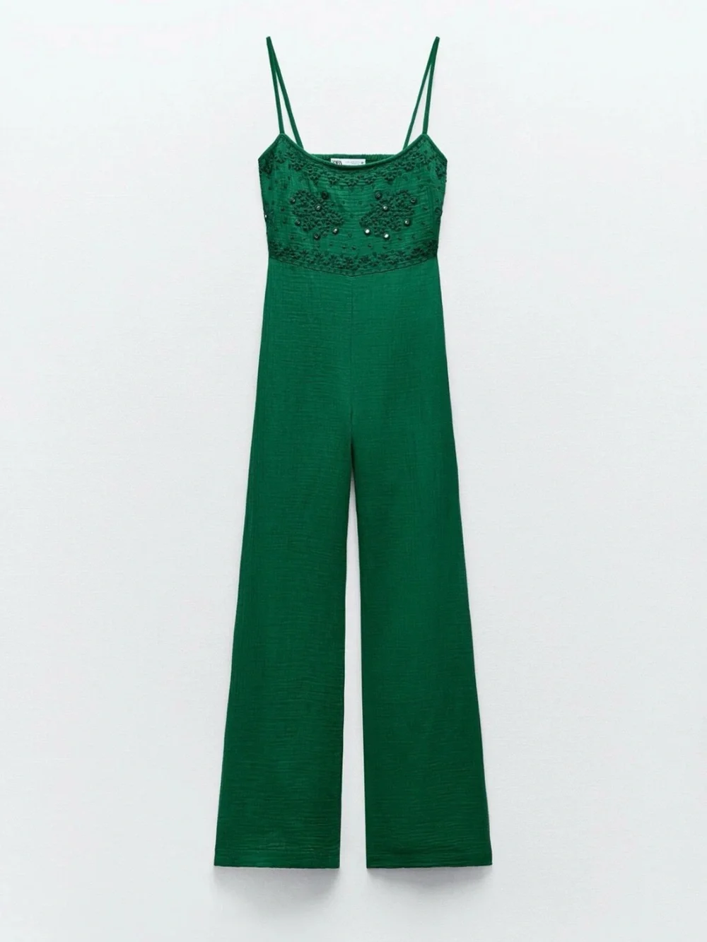 Zara Emerald Green Wide-Leg Spaghetti-Strap Jumpsuit